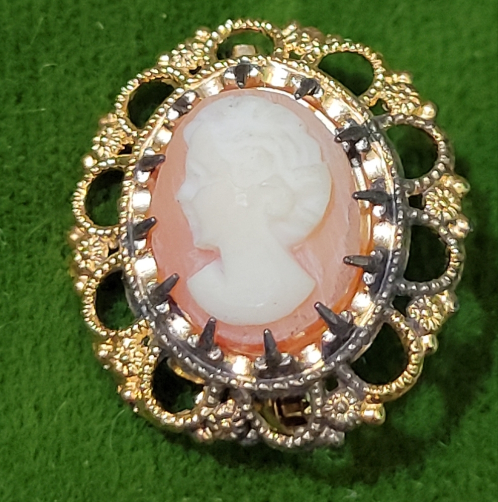 Vintage VTG Wells Sterling Signed Cameo Brooch Pin Vermeil Finish Original Box